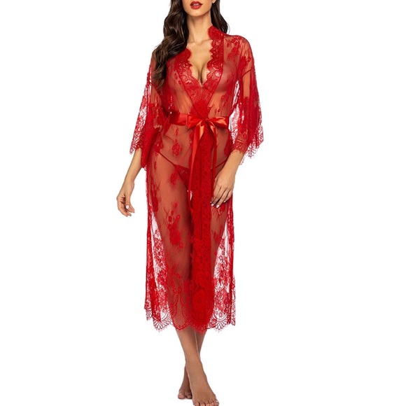 Long Lace Lingerie Kimono Robe Swimsuit Cover Up - Picture 3 of 7